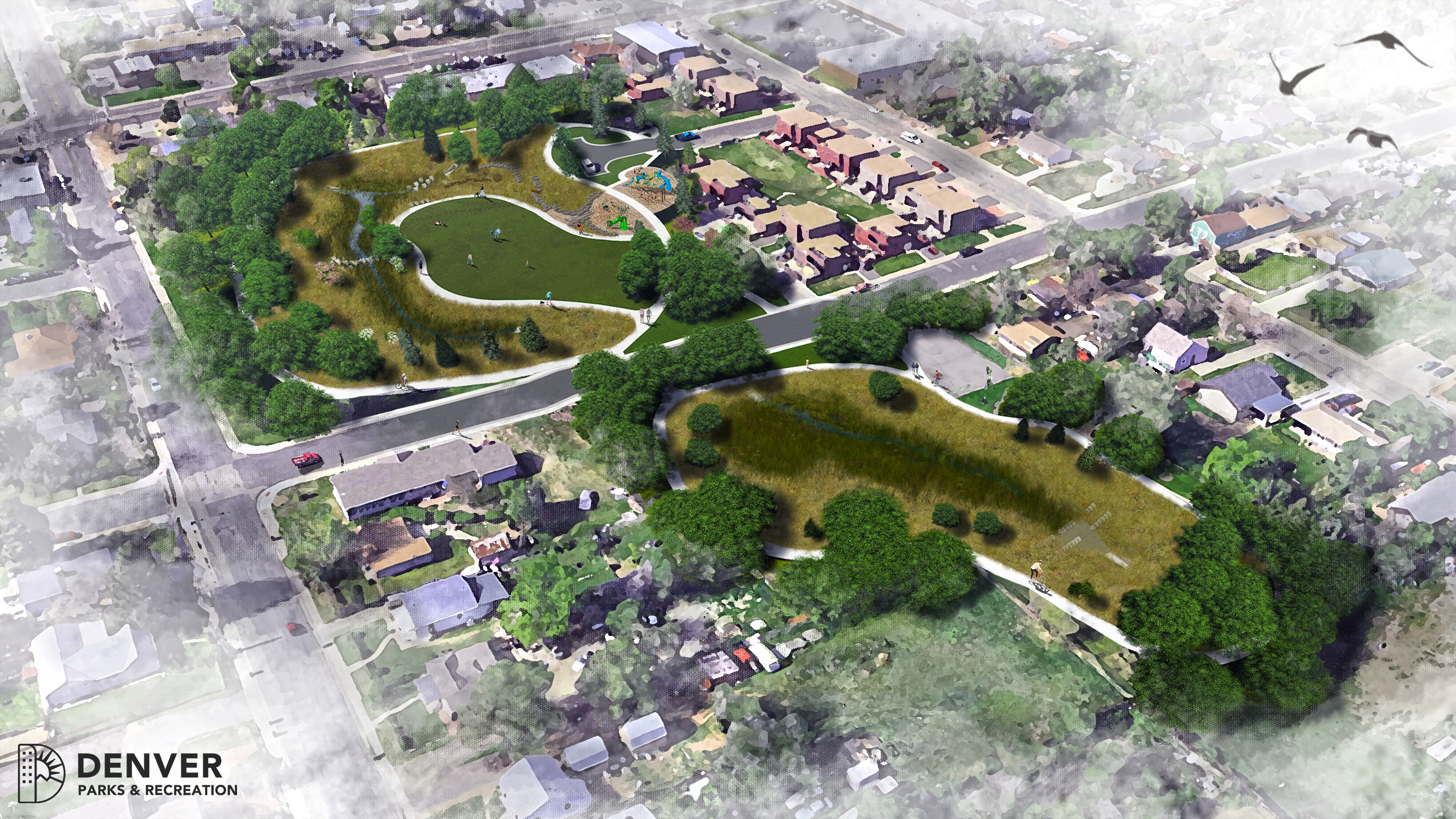 aerial rendering of park in neighborhood