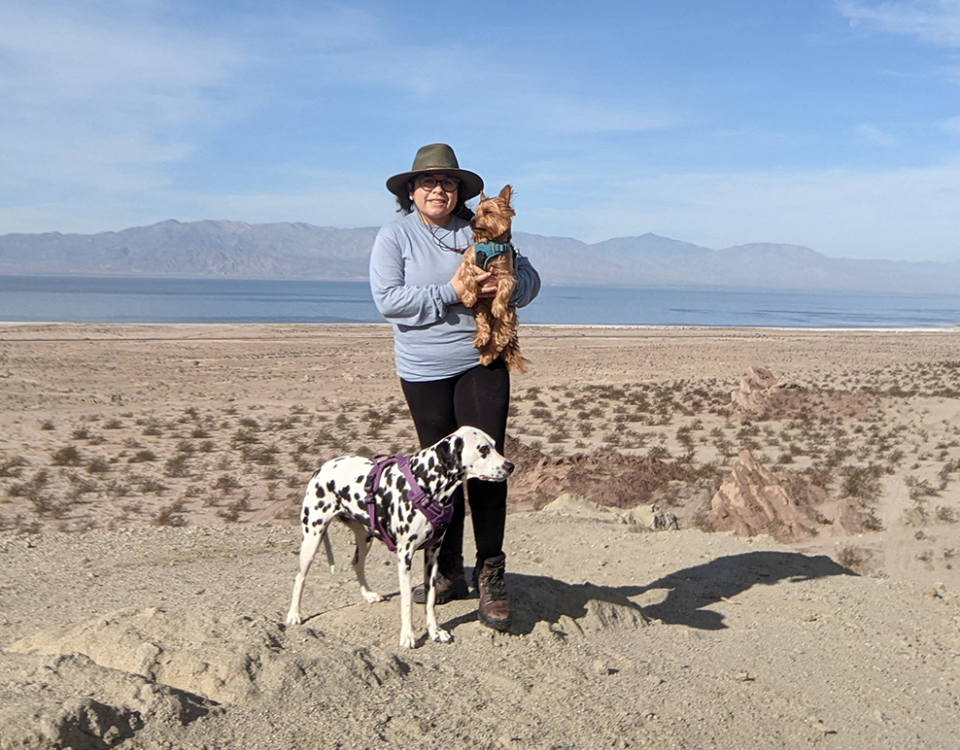 A womam wearing a blue jacket stands in the center of the desert holding a small brown dog. A dalmation is to her left.